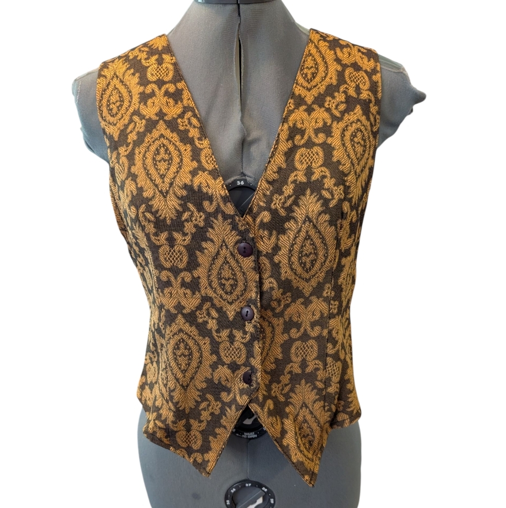90s Vintage Women's Black Gold‎ Textured Brocade Print Vest Jacket Size Medium